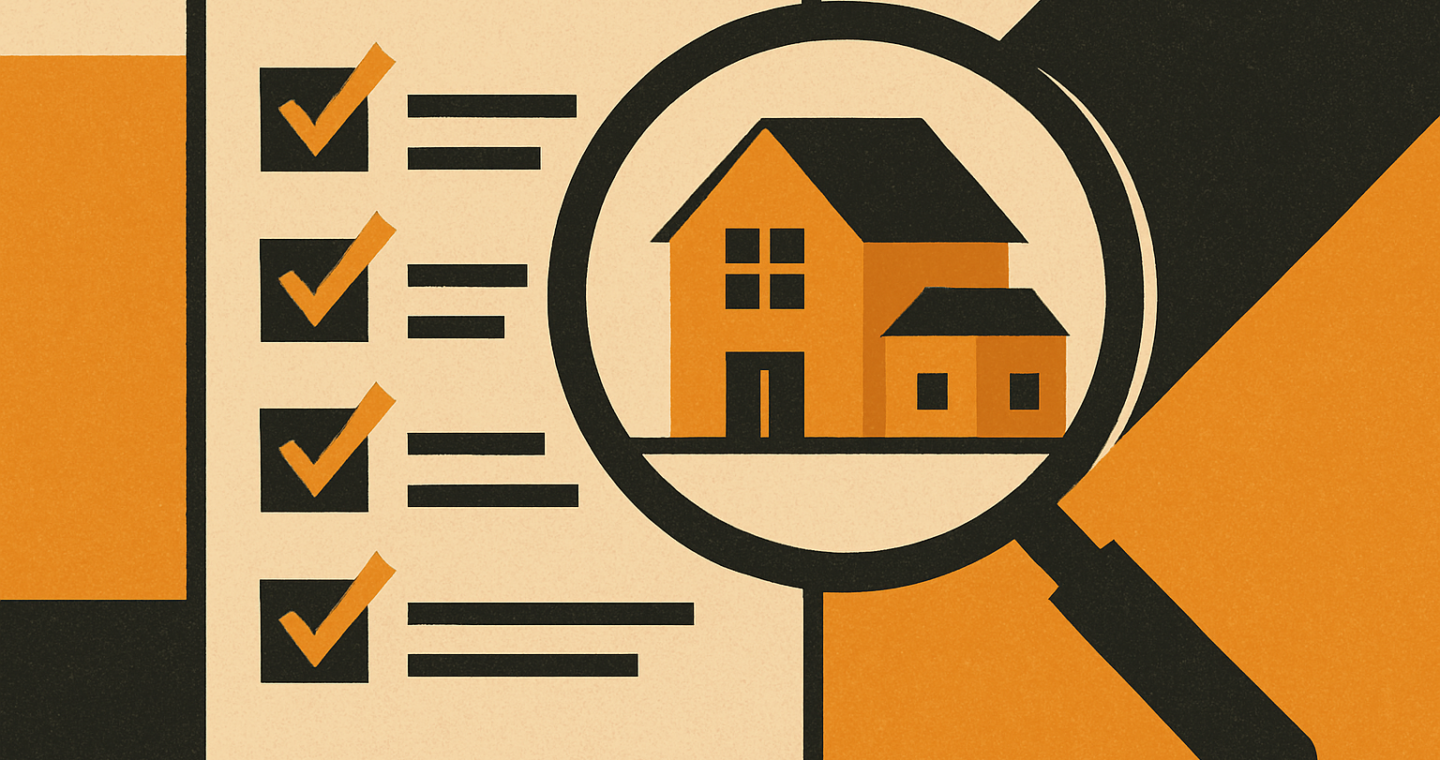 Ilustración de una lupa sobre un documento de proyecto inmobiliario