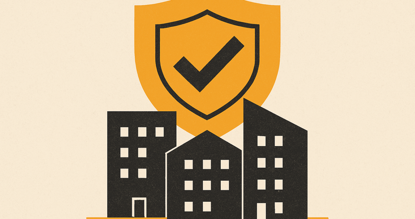 Ilustración de un escudo regulatorio sobre edificios