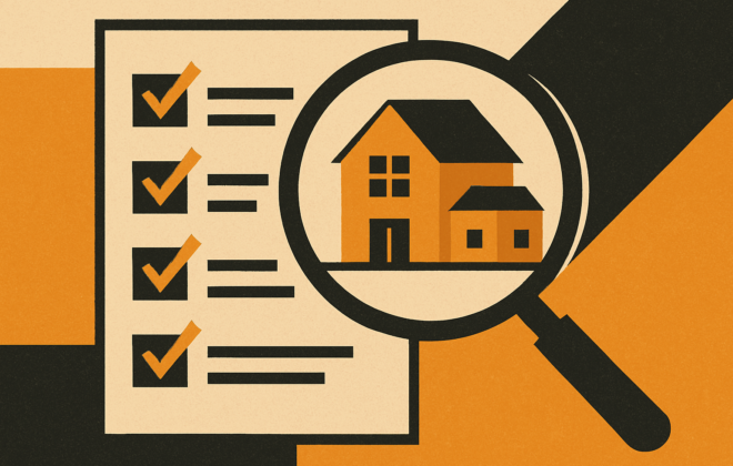 Ilustración de una lupa sobre un documento de proyecto inmobiliario