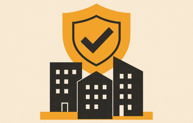 Ilustración de un escudo regulatorio sobre edificios